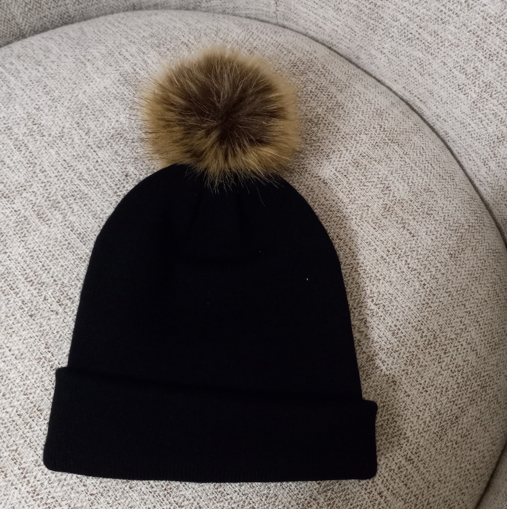 Black Beanie with Faux Fur Pom